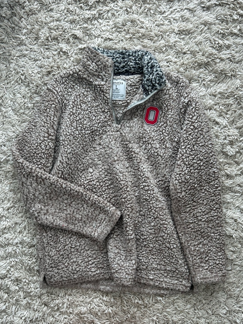J. America Taupe Teddy Sherpa Pullover with Red 'O' Patch